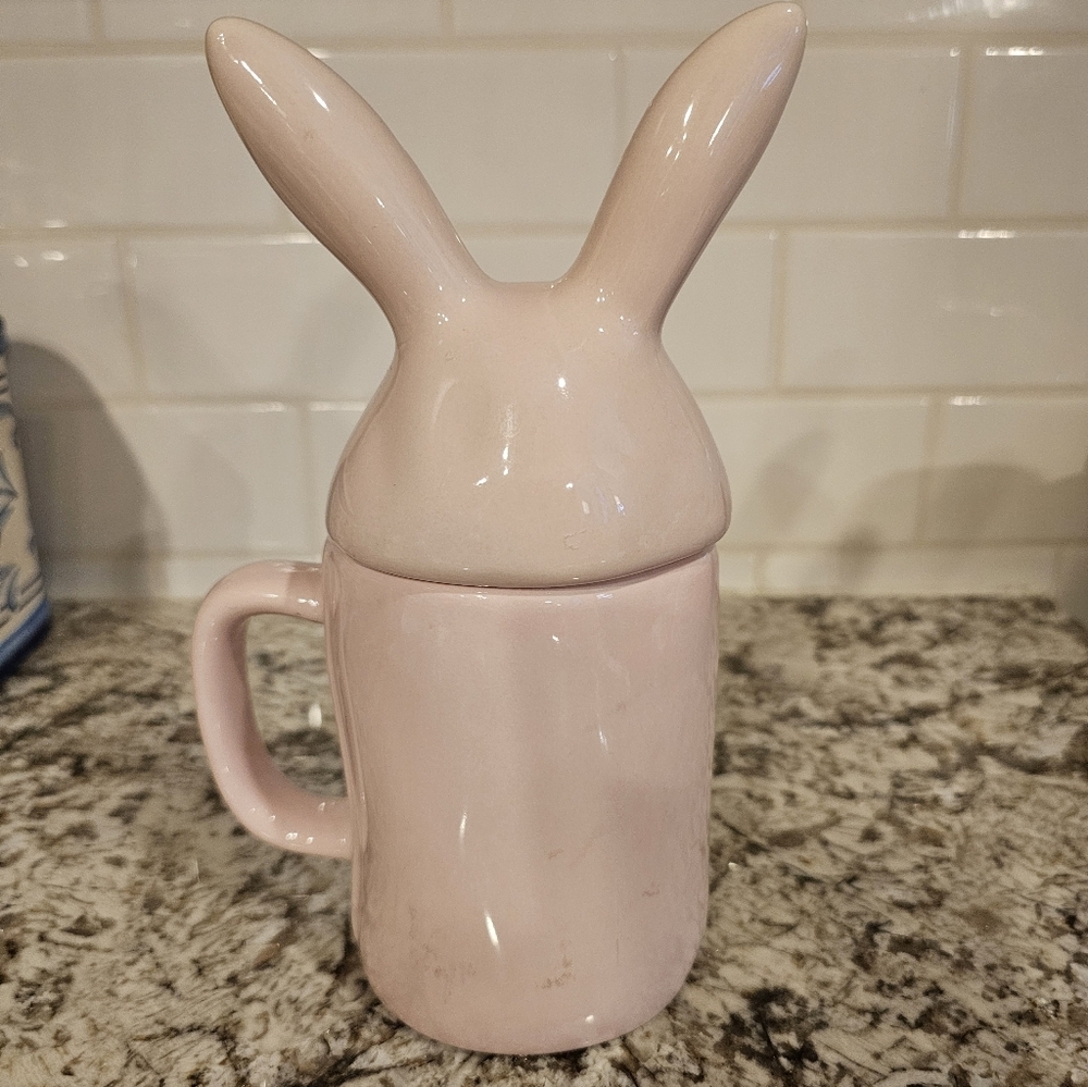 Rae Dunn Pink "Bunny Love" Mug And Lid Coffee Cup Easter - Picture 2 of 3